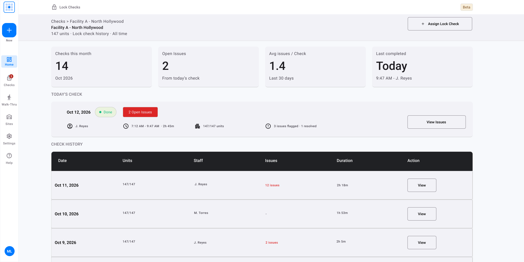 Admin lock check history for Facility A