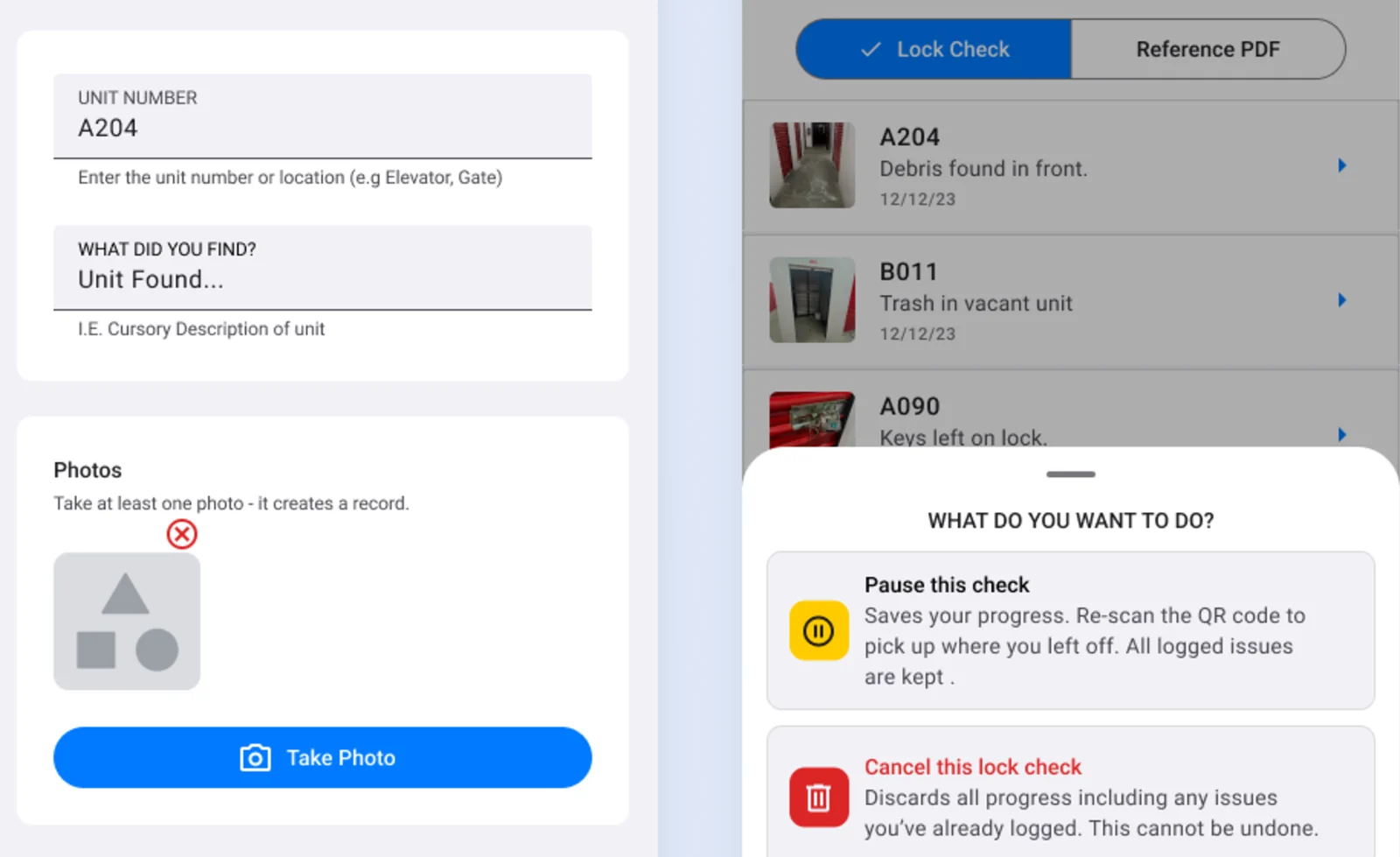 Staff lock check in the phone browser: flagging an issue with a photo and the session menu